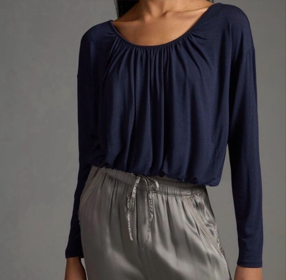 Anthropologie Maeve Long Sleeve Bubble Hem Top Navy Blue S NEW